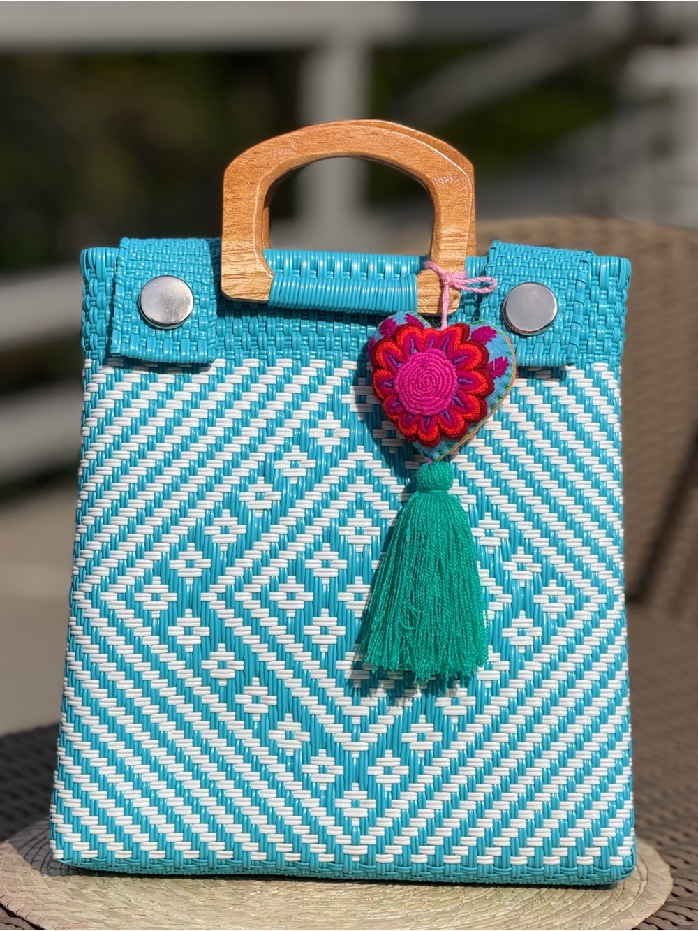 Handwoven Turquoise Patterned Tote Bag with Wooden Handles